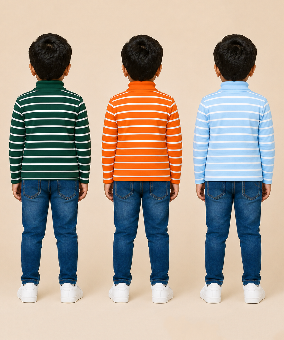Kids Boys Full Sleeve Hi-Neck Stripes Rib T-shirt | Age 9 to 24 Months | Pack of 3 Pieces