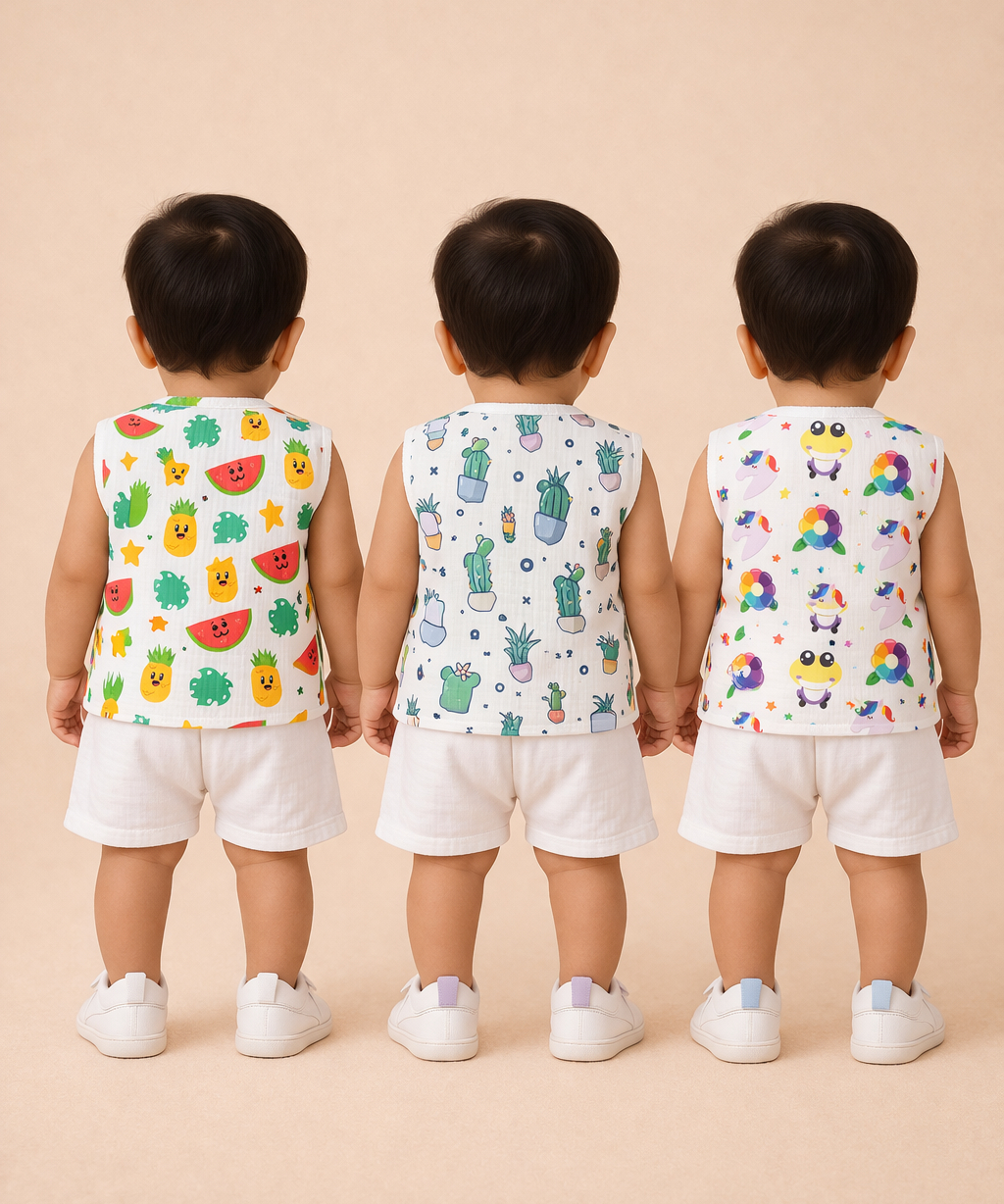 Baby Boys Sleeveless Muslin Cotton Printed Vest | 3–6 Months (Pack of 3)