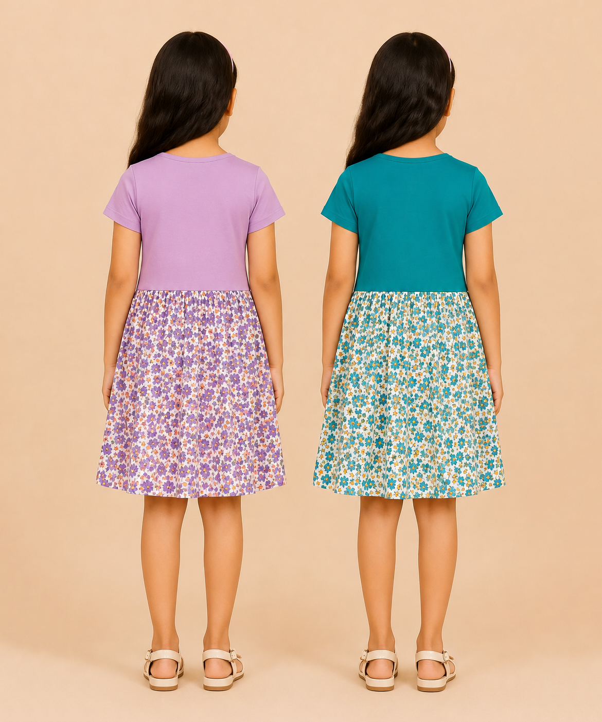 Girls Printed Half Sleeve Cotton Contrast Frock Dress | Floral Knee Length Casual Wear for Kids | Age - 5 to 10 Years | (Pack of 2)