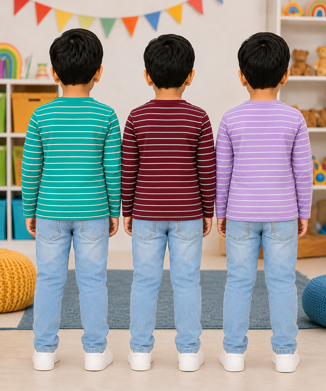 Kids Stripes Full Sleeve Cotton Tshirt | Age 0 to 3 Years (Pack of 3 Pieces)