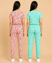 Girls Cotton All-Over Printed T-Shirt & Full-Length Pant Night Suit | Age - 9 to 15 Years | Pack of 2 Sets