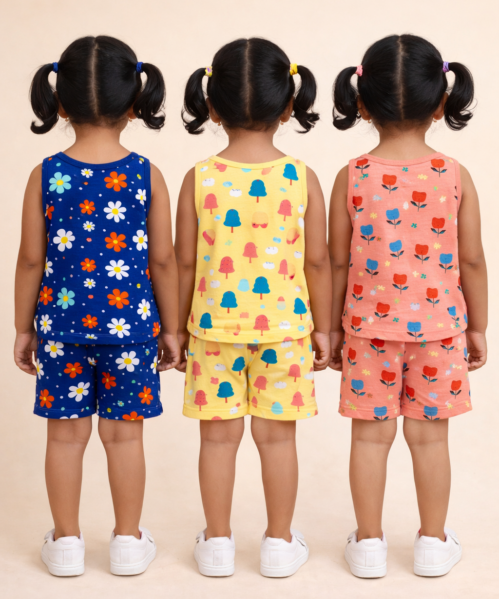 Girls Cotton Cartoon Printed Kids Sleeveless Set Combo | Age 0 to 3 Years | Sleeveless T-shirt & Shorts Co-ord Set (Pack of 3 Sets)