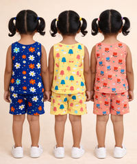 Girls Cotton Cartoon Printed Kids Sleeveless Set Combo | Age 0 to 3 Years | Sleeveless T-shirt & Shorts Co-ord Set (Pack of 3 Sets)