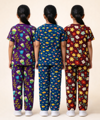Girl Kids All Over Printed Co-ord Set | Tshirt and Pant | Age 2 to 10 Years (Pack of 3 Sets)