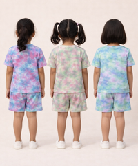 Kids Girls Tie-Dye Cloud Print Cotton T-Shirt & Shorts Co-ord Set | Pack of 3 Pieces | Age 1–4 Years