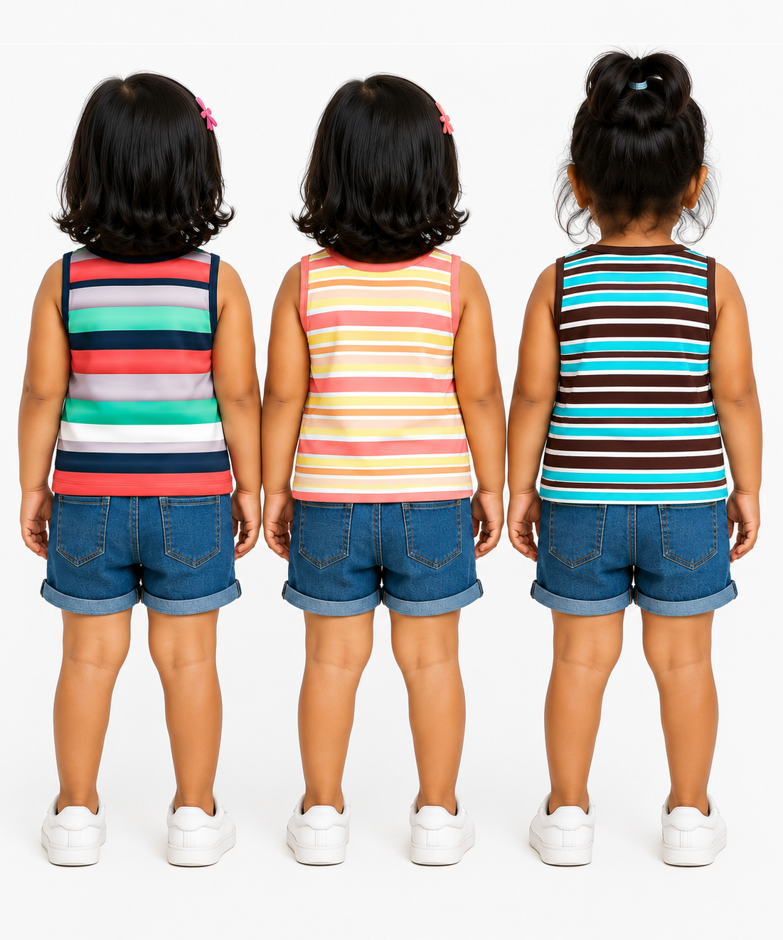 Cotton Stripes Girls Kids Sleeveless Tshirt (Pack of 3)
