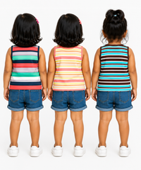 Cotton Stripes Girls Kids Sleeveless Tshirt (Pack of 3)