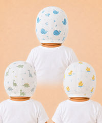 Baby Muslin Cotton Printed Bonnet Cap with Chin Tie – Soft & Comfortable Infant Headwear | 0–12 Months (Pack of 3)