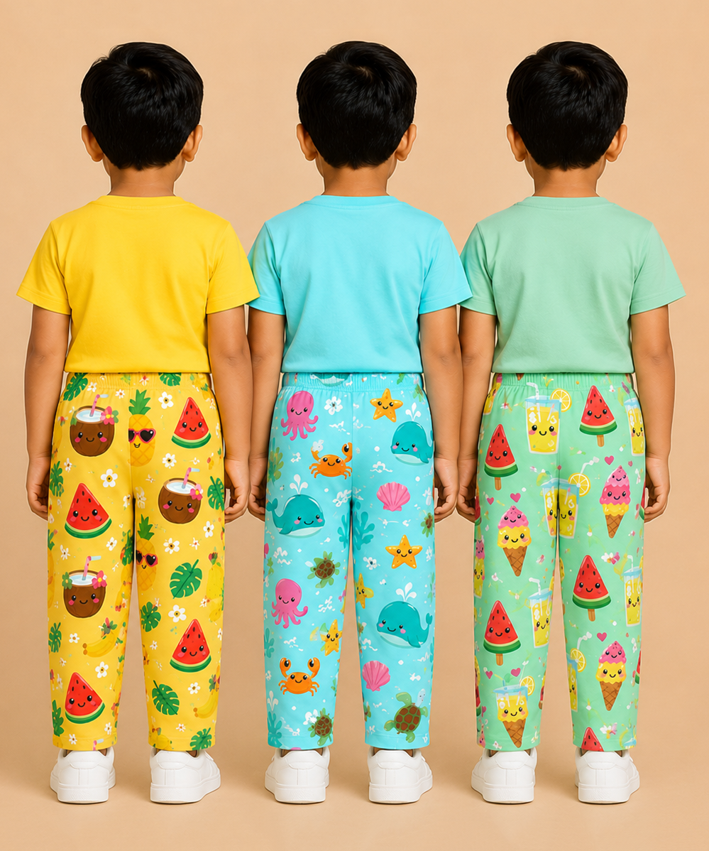 Pure Cotton Boys Printed Track Pant for Casual Night wear for Kids | Age 0 To 8 Years (Pack of 3)