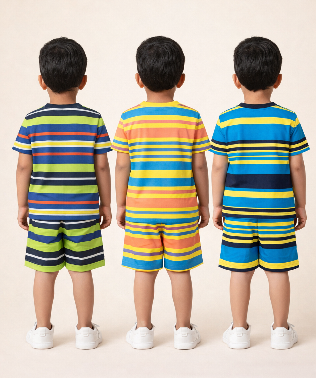 Boys Cotton Stripes Kids Co-ord Set Combo / Age 1-4 Years | T-shirt & Shorts (Combo Set Pack of 3)