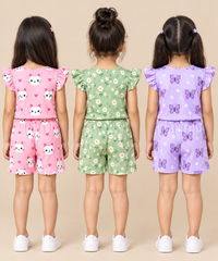 Girls All Over Printed | Flutter Sleeve Tshirt and Shorts Co-ord Set | Age 0 to 3 Years (Pack of 3 Sets)