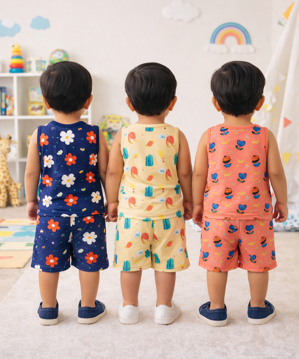 Boys Cotton Cartoon Printed Kids Sleeveless Set Combo | Age 0 to 3 Years | T-shirt & Shorts (Combo Set Pack of 3)