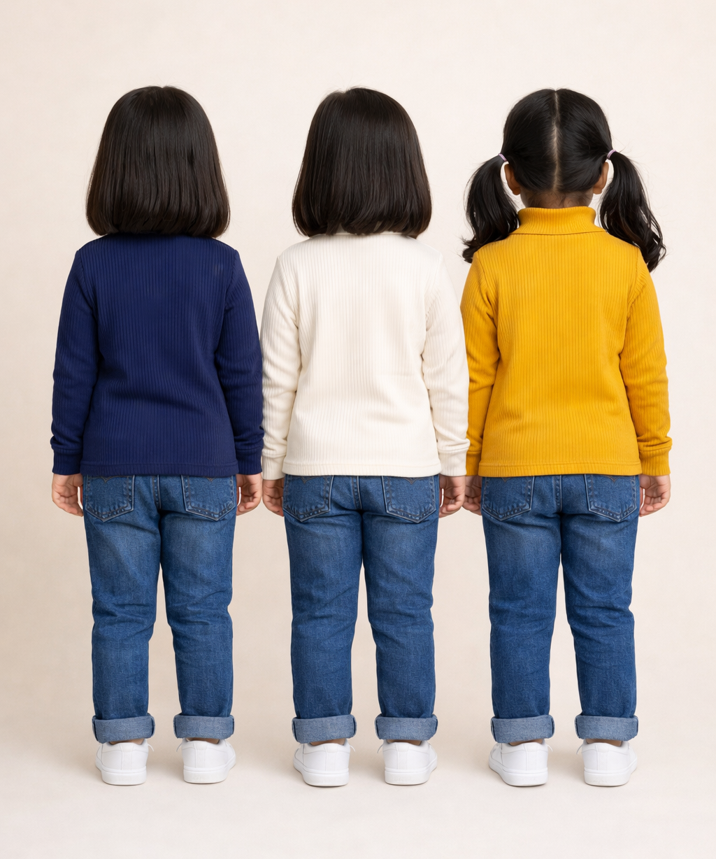 Kids Girls Full Sleeve Hi-Neck Plain Rib T-shirt | Age 0 to 5 Years (Pack of 3)