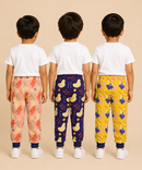 Kids Printed Cotton Track Pants for Boys | Soft Elastic Waist Full Length Joggers | Age 6 Months-5 Years | Pack of 3 Pieces