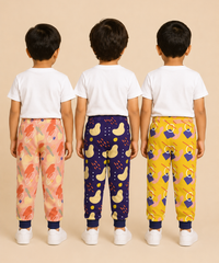 Kids Printed Cotton Track Pants for Boys | Soft Elastic Waist Full Length Joggers | Age 6 Months-5 Years | Pack of 3 Pieces