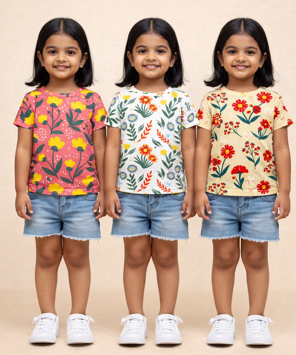 Kids Girls Cotton Printed T-shirt | 0 to 3 Years (Pack Of 3 Pieces)