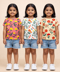 Kids Girls Cotton Printed T-shirt | 0 to 3 Years (Pack Of 3 Pieces)