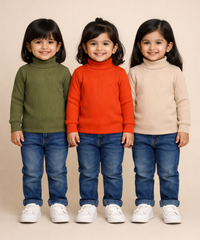 Kids Girls Full Sleeve Hi-Neck Plain Rib T-shirt | Age 0 to 5 Years | Pack of 3 Pieces