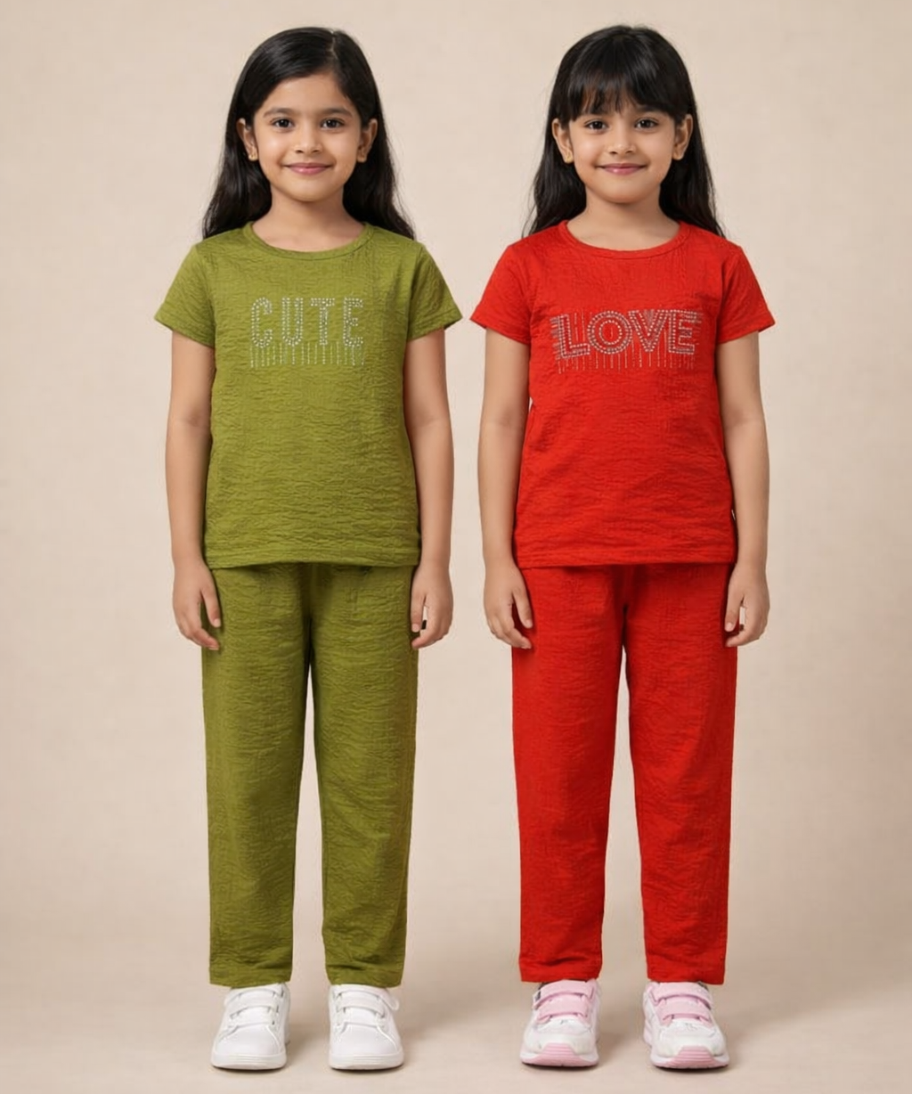 Girls Textured Polyester Co-ord Set | Half Sleeve Top & Pants | Pack of 2 Pieces