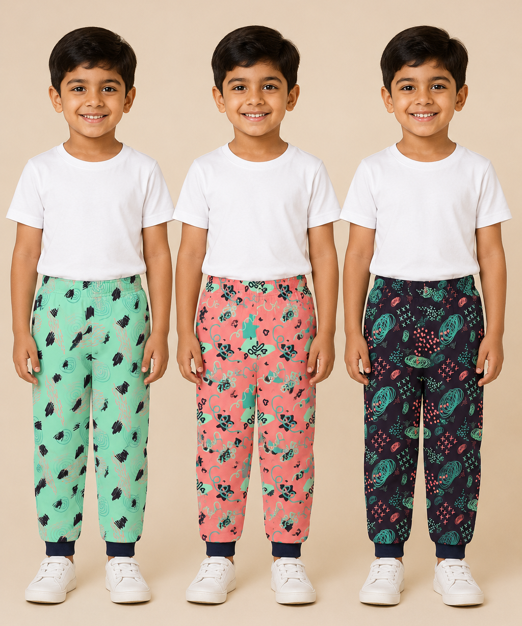Kids Printed Cotton Track Pants for Boys | Soft Elastic Waist Full Length Joggers | Age 6 Months-5 Years | Pack of 3 Pieces