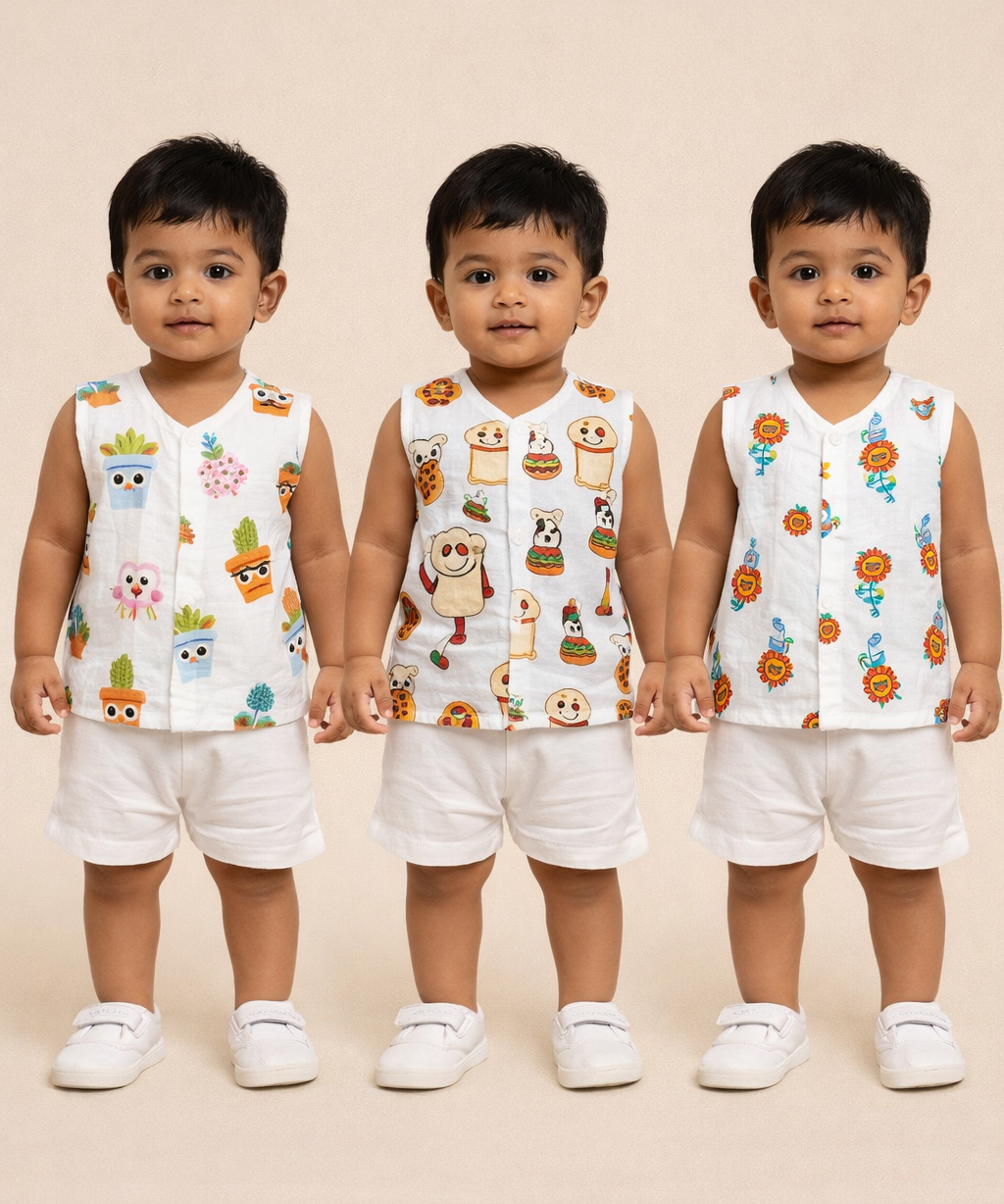 Baby Boys Sleeveless Muslin Cotton Printed Vest | 3–6 Months (Pack of 3)