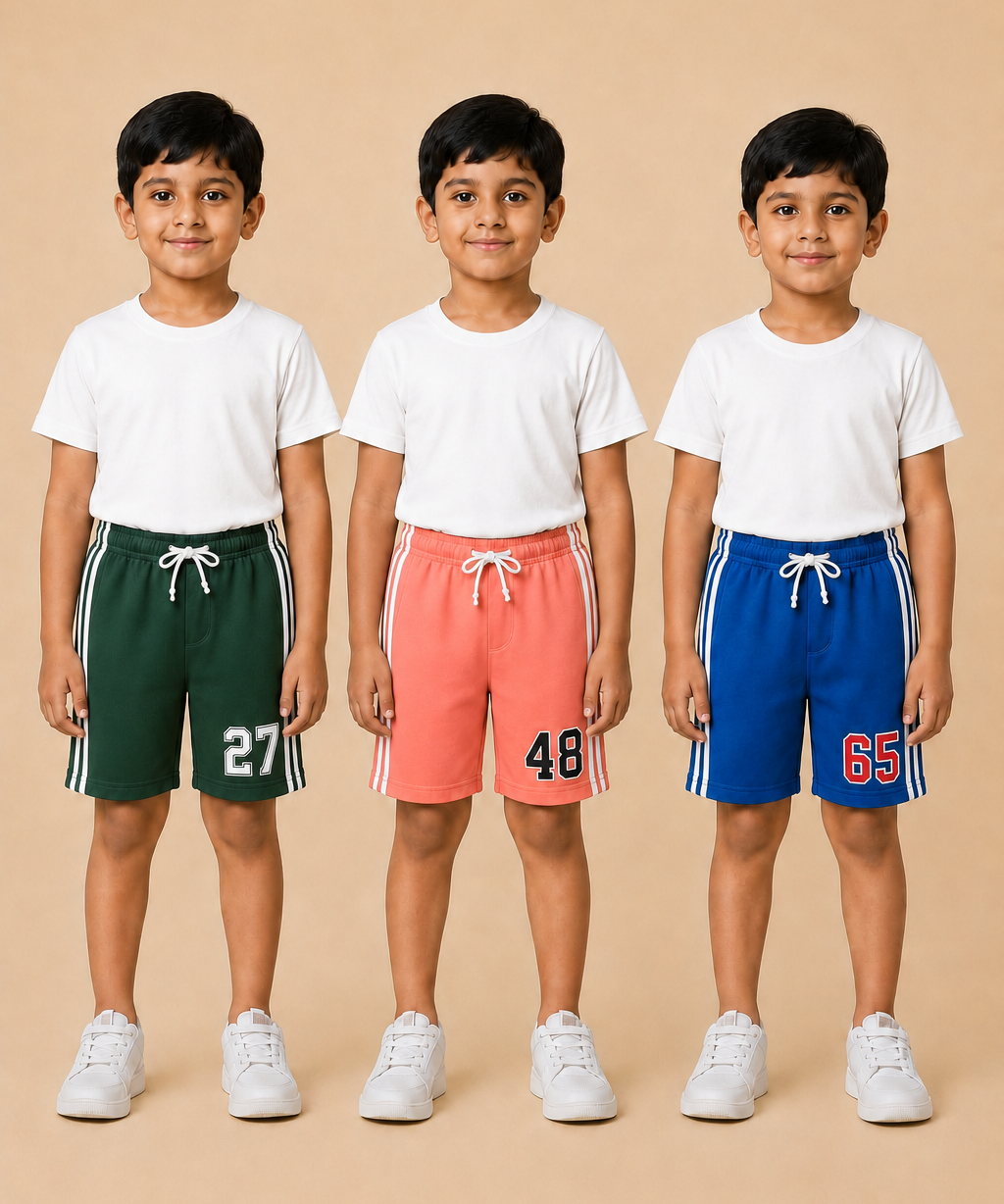 Kids Double Side Stripe Sports Shorts | Cotton Casual Shorts for Boys | Age 6-9 Years | Pack Of 3 Pieces Combo