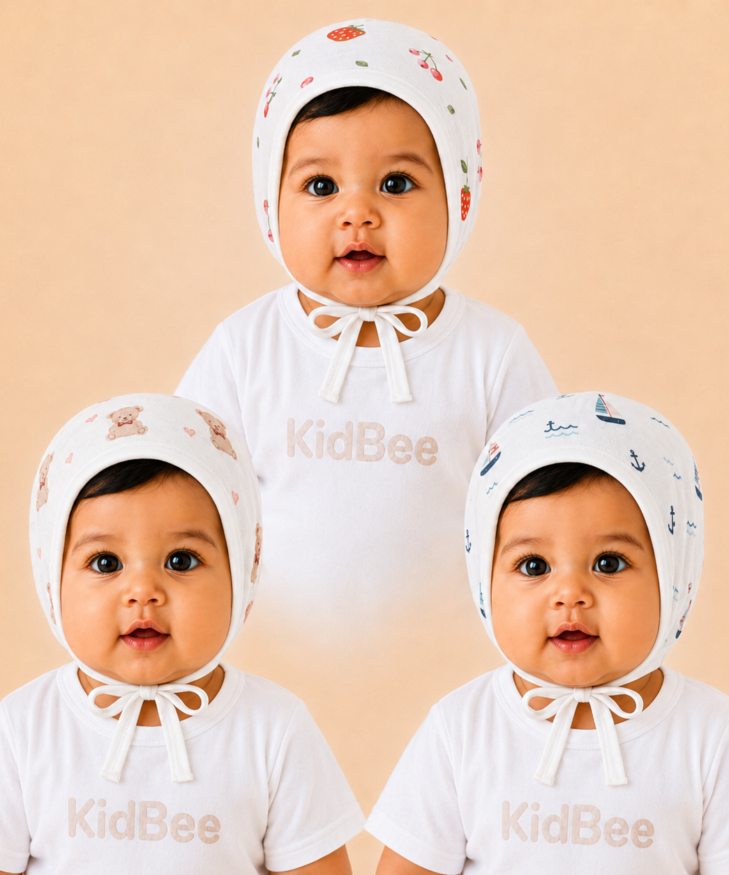 Baby Muslin Cotton Printed Bonnet Cap with Chin Tie – Soft & Comfortable Infant Headwear | 0–12 Months (Pack of 3)