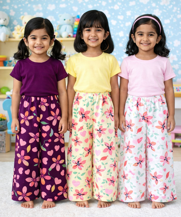 Printed Palazzo Pant | Casual Night wear for Girl Kids Age 4 To 10 Years (Pack of 3)