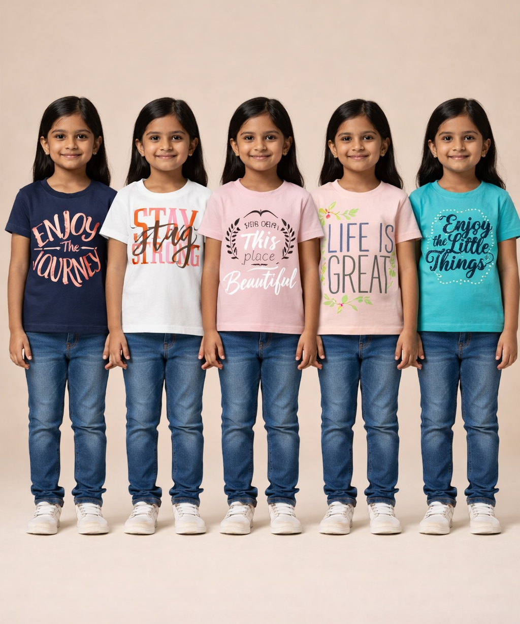 Cotton Half Sleeve Girls T-shirt Front Printed Multi Color | Age 2 to 7 Years (Pack of 5 Pieces)