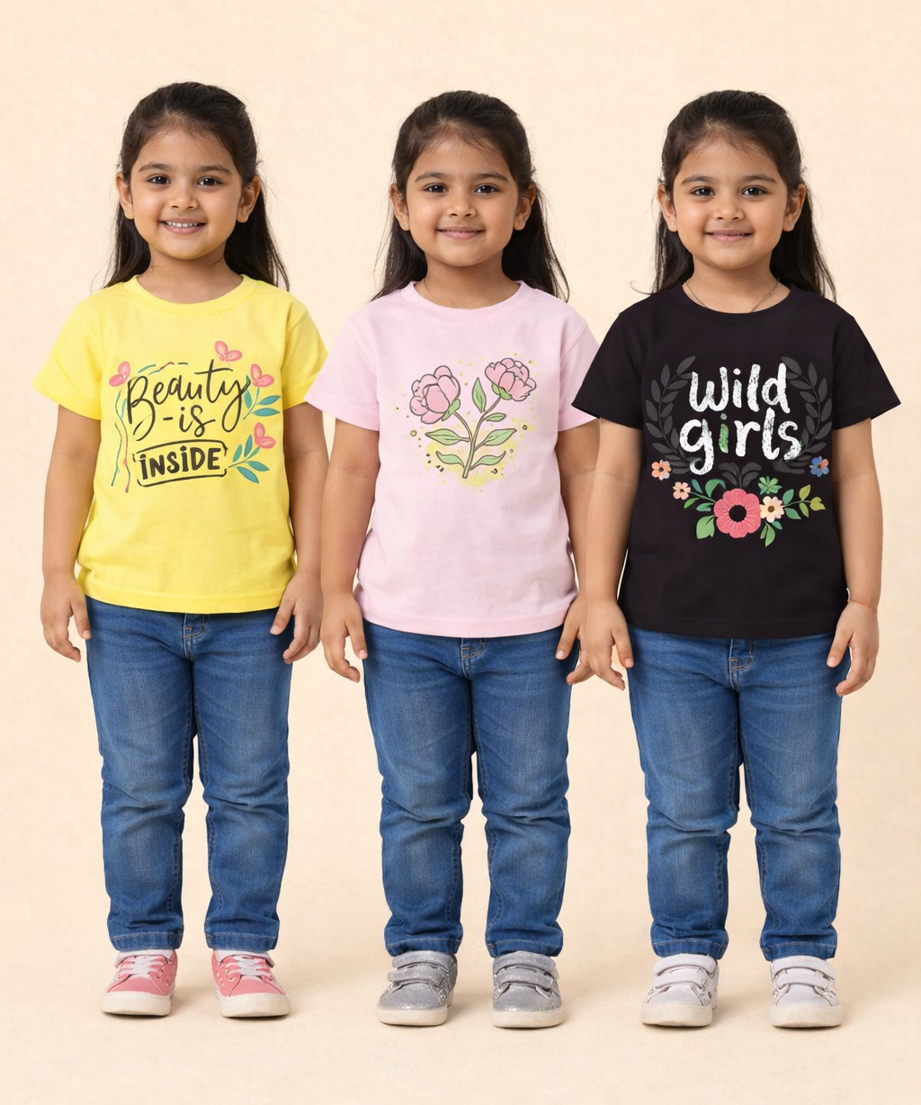 Kids 100% Cotton Fine Tshirt With Printed Multi Colour | Age 1 to 6 Years (Pack of 3 Pieces)
