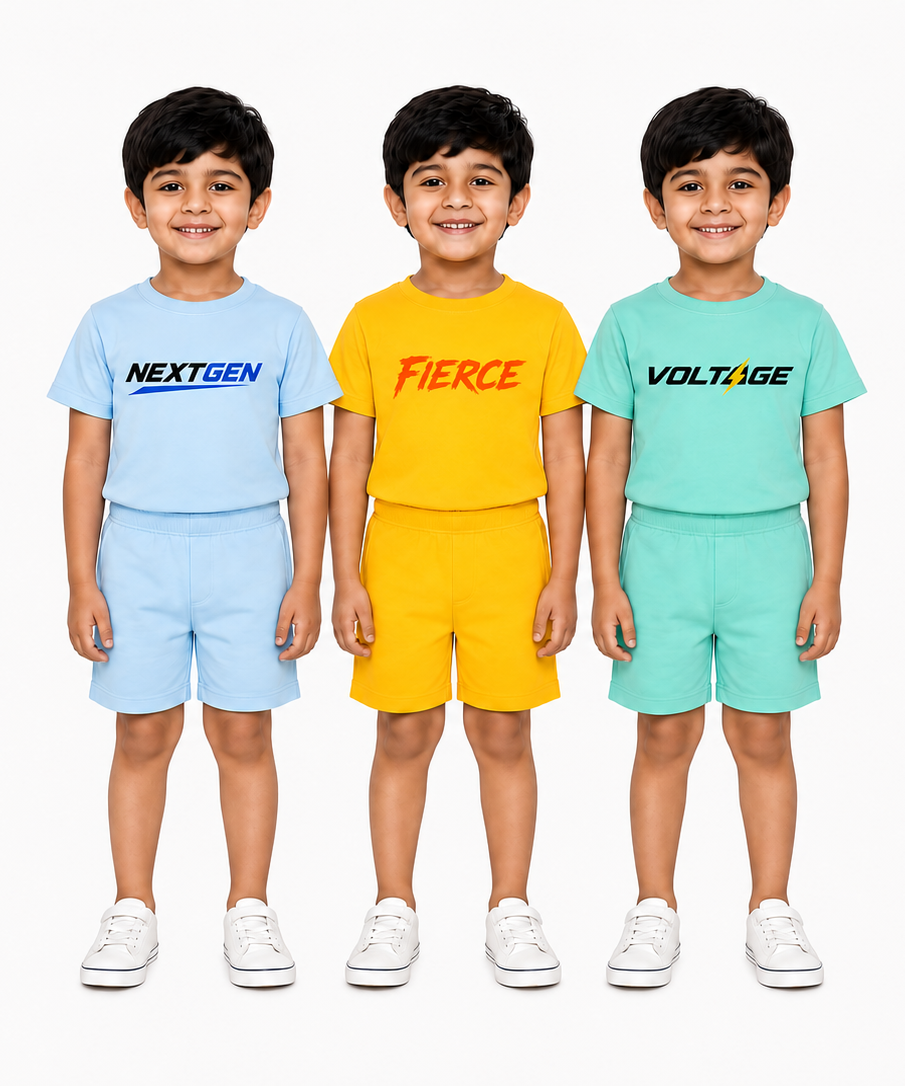 Kids Typography Print T-Shirt & Shorts Co-Ord Set for Boys | Age 6 Months-3 Years | Pack Of 3 Set Combo