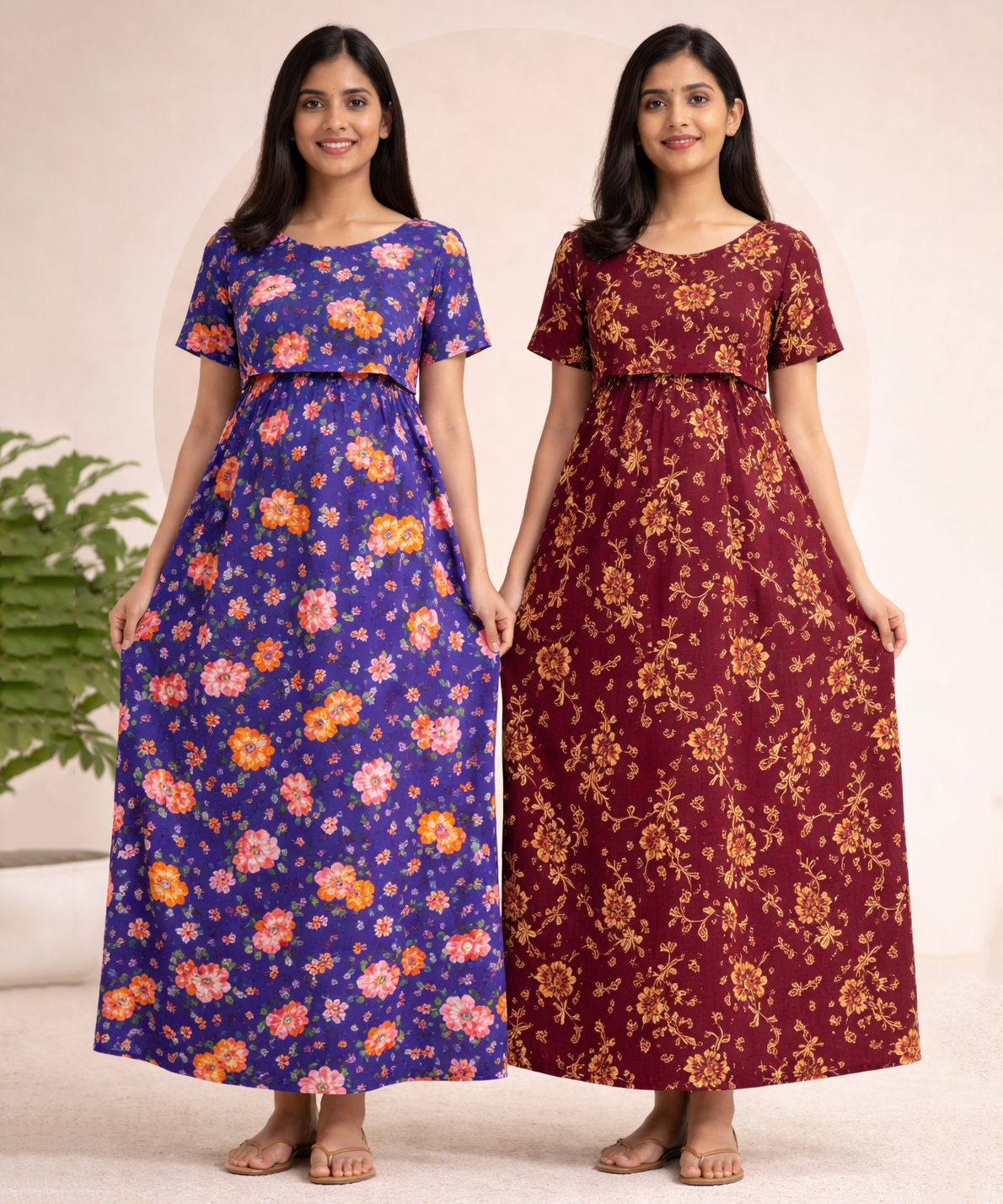 Maternity Feeding Maxi Dress | Nursing Friendly Nighty Style (Pack of 2 Pieces)