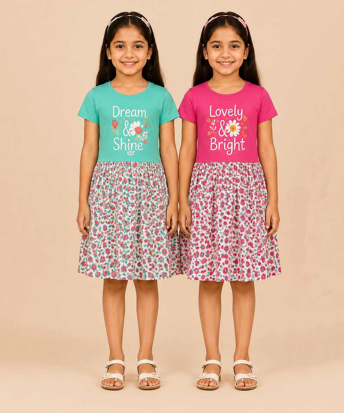 Girls Printed Half Sleeve Cotton Contrast Frock Dress | Floral Knee Length Casual Wear for Kids | Age - 5 to 10 Years | (Pack of 2)