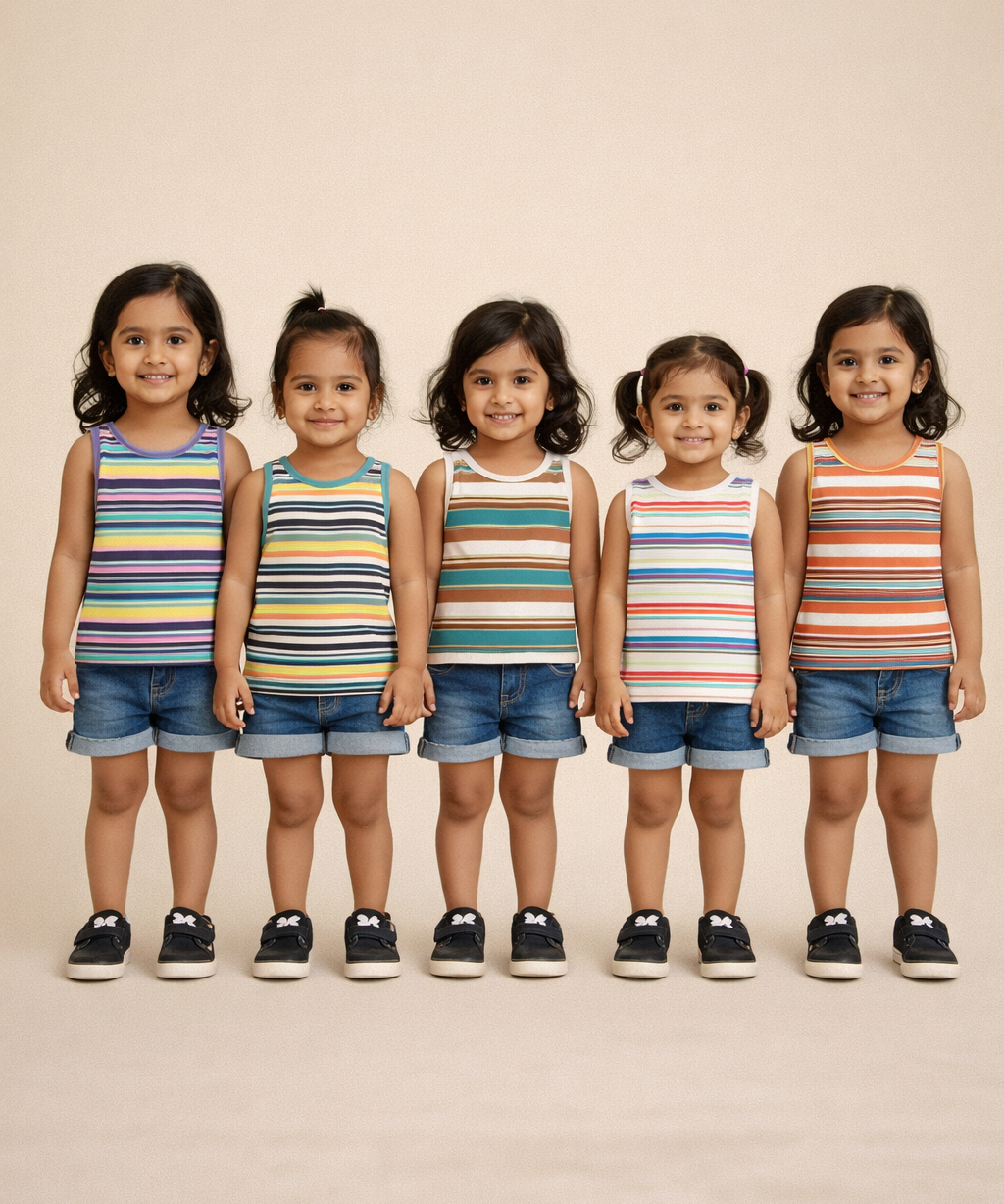 Cotton Stripes Kids Girls Sleeveless T-shirt (Pack of 5)