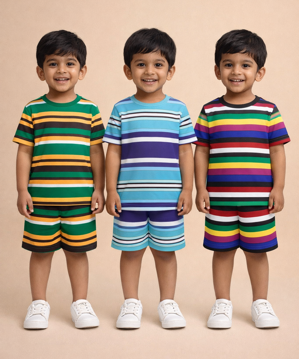 Boys Cotton Stripes Kids Co-ord Set Combo / Age 1-4 Years | T-shirt & Shorts (Combo Set Pack of 3)