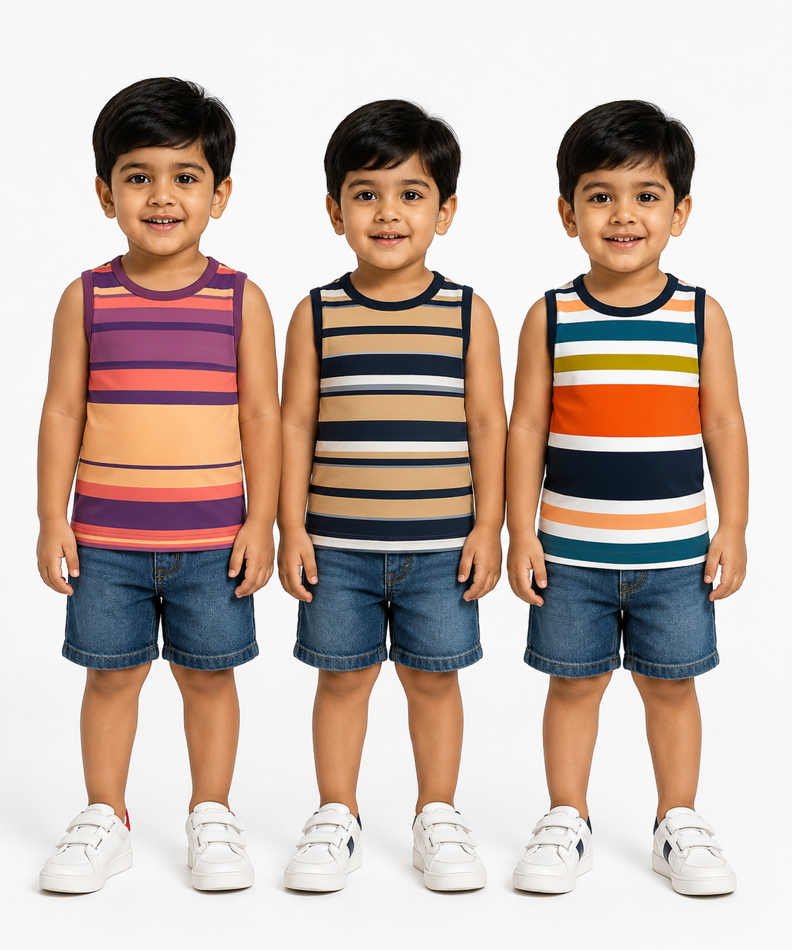 Cotton Stripes Kids Sleeveless Tshirt (Pack of 3)