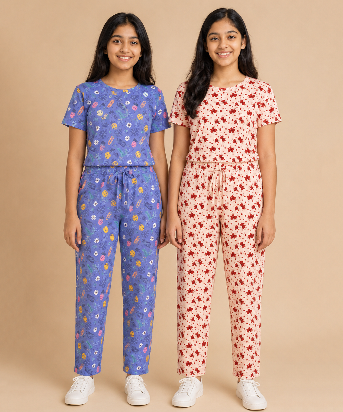 Girls Cotton All-Over Printed T-Shirt & Full-Length Pant Night Suit | Age - 9 to 15 Years | Pack of 2 Sets