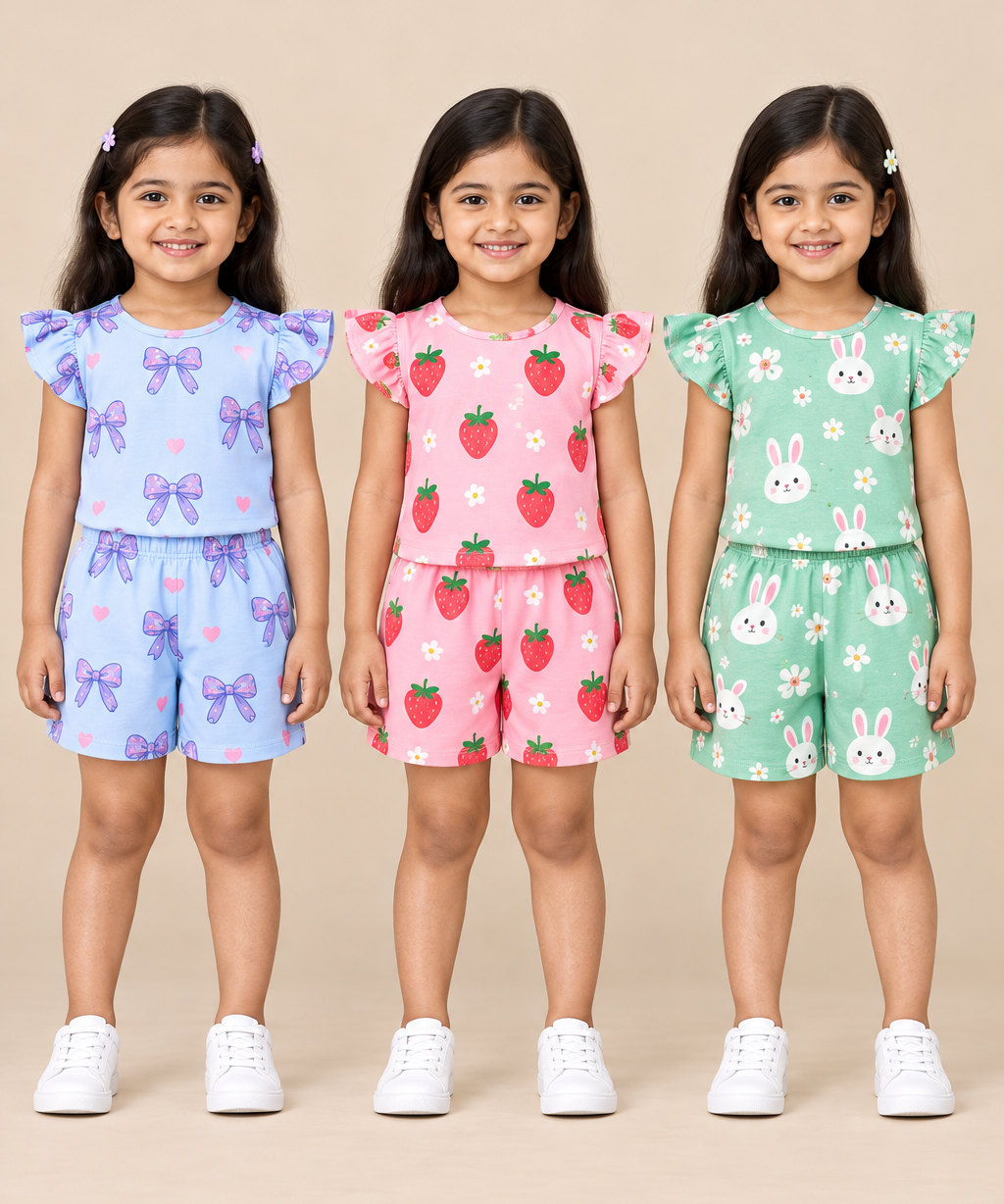 Girls All Over Printed | Flutter Sleeve Tshirt and Shorts Co-ord Set | Age 0 to 3 Years (Pack of 3 Sets)