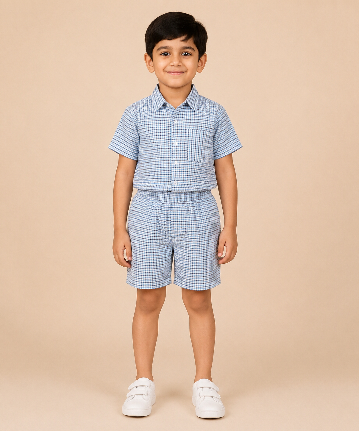 Polyester Checked Shirt and Shorts Set for Boy Kids Casual Wear Half Sleeve Co-Ord Set with Elastic Waist Shorts | Age 6 to 7 Years