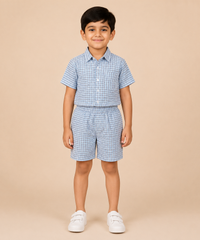 Polyester Checked Shirt and Shorts Set for Boy Kids Casual Wear Half Sleeve Co-Ord Set with Elastic Waist Shorts | Age 6 to 7 Years