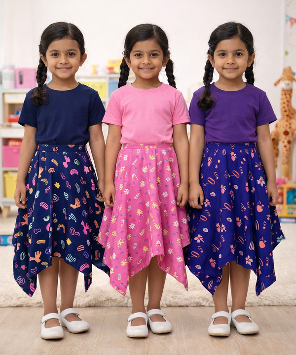 Cotton Fish Midi Floral Printed Skirt | Casual wear for Girl Kids Age 2 To 9 Years (Pack of 3)