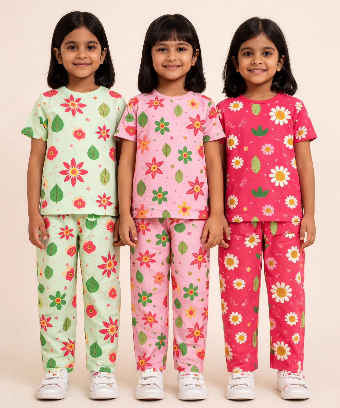 Girl Kids All Over Printed Co-ord Set | Tshirt and Pant | Age 2 to 10 Years (Pack of 3 Sets)