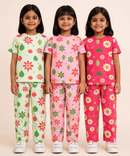 Girl Kids All Over Printed Co-ord Set | Tshirt and Pant | Age 2 to 10 Years (Pack of 3 Sets)