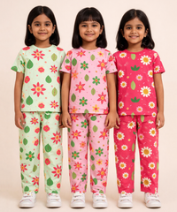 Girl Kids All Over Printed Co-ord Set | Tshirt and Pant | Age 2 to 10 Years (Pack of 3 Sets)