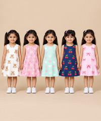 Girls 100% Cotton All Over Printed 2 To 5 Years Gown Dress/Frock Dress (Pack of 5)