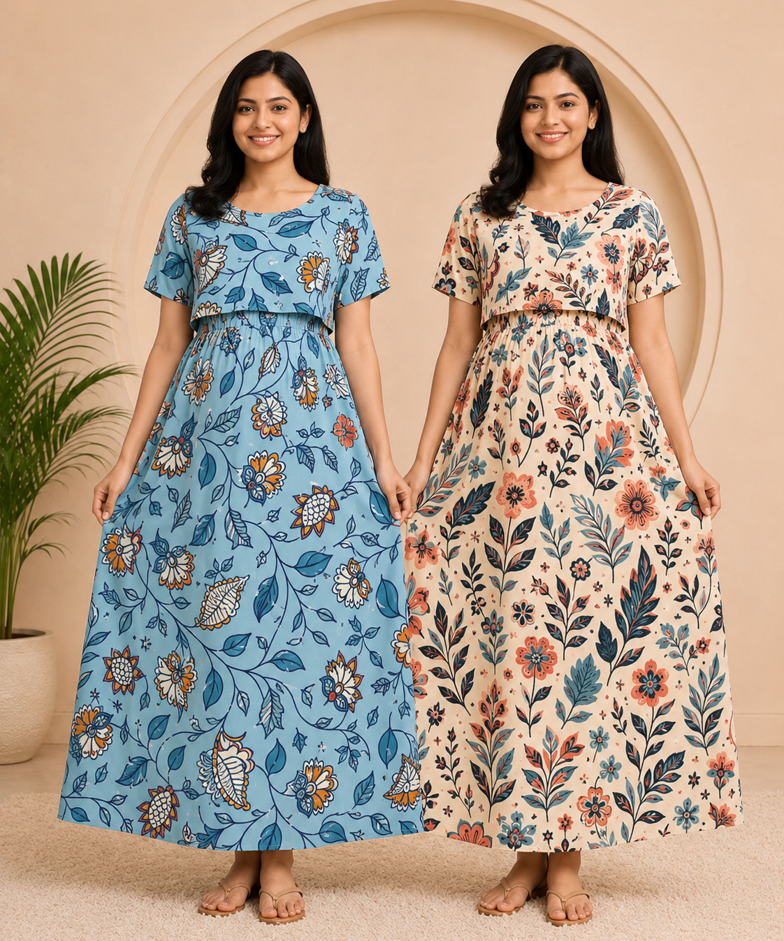 Maternity Feeding Maxi Dress | Nursing Friendly Nighty Style (Pack of 2 Pieces)