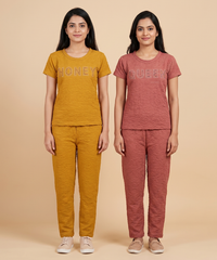 Women Textured Polyester Co-ord Set | Half Sleeve Top & Pants | Pack of 2 Set Combo