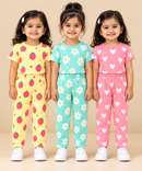 Girl Kids All Over Printed Tshirt and pant Co-ord Set | Age 6 Months to 4 Years (Pack of 3 Sets)