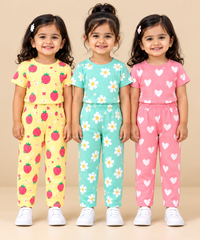 Girl Kids All Over Printed Tshirt and pant Co-ord Set | Age 6 Months to 4 Years (Pack of 3 Sets)