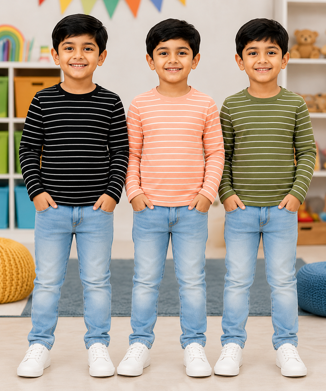 Kids Stripes Full Sleeve Cotton Tshirt | Age 0 to 3 Years (Pack of 3 Pieces)